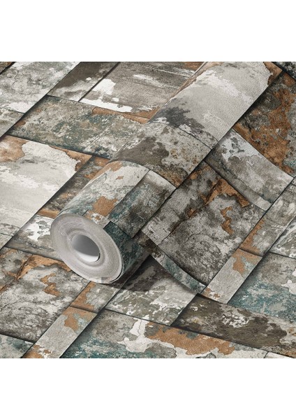 Geometrik Taş Desen Duvar Kağıdı -Roka 23106-3 (Gri, Bakır, Kahverengi - 1.06X15.6 M - 16.5 M²) modelleri