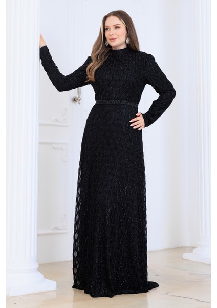 Lina Tesettür Abiye Elbise Dantel Kumaş Eteği Kuyruk ve Beli Taş Detaylı