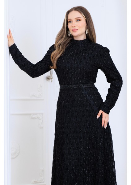 Lina Tesettür Abiye Elbise Dantel Kumaş Eteği Kuyruk ve Beli Taş Detaylı fırsatları