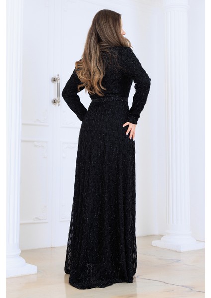 Lina Tesettür Abiye Elbise Dantel Kumaş Eteği Kuyruk ve Beli Taş Detaylı