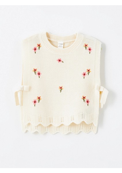 Lcw Kids Ekru Bisiklet Yaka Çiçekli Kız Çocuk Triko Süveter
