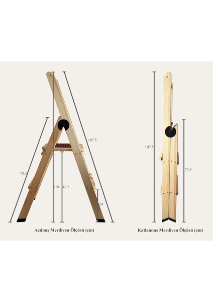 Ev Tipi Katlanabilir Ahşap Merdiven – Masif Çam, 2/3/4 Basamaklı, Dekoratif ve Çok Amaçlı