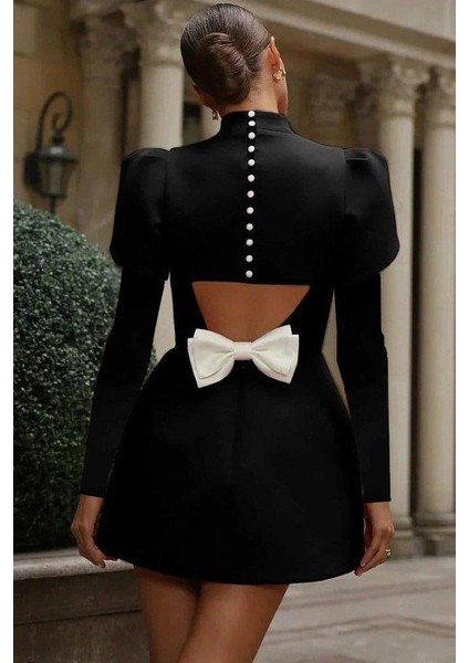 Kadın Uzun Kollu Yarı Balıkçı Yaka Arkadan Kurdela Detaylı Mini Atlas Elbise modelleri