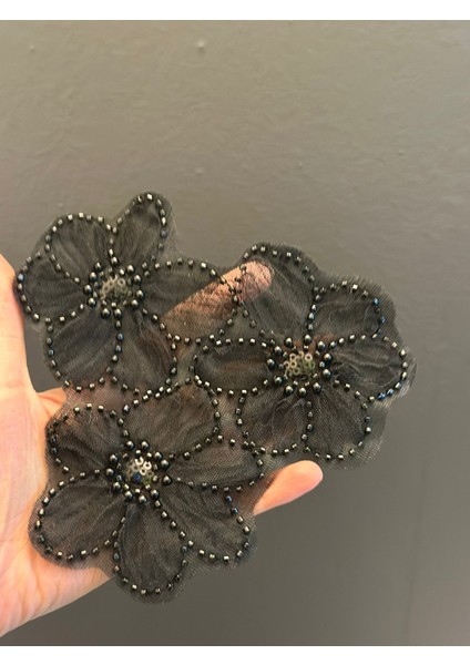 3 Lü Siyah Boncuk Işleme Aplike Dikiş Aksesuarı 14 cm