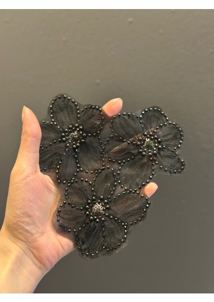 3 Lü Siyah Boncuk Işleme Aplike Dikiş Aksesuarı 14 cm