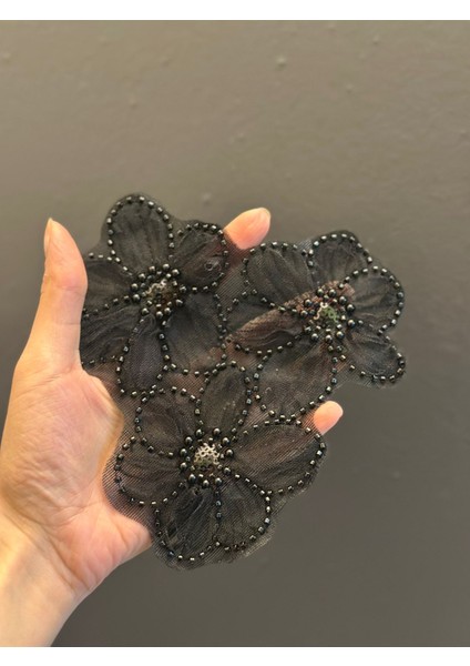 3 Lü Siyah Boncuk Işleme Aplike Dikiş Aksesuarı 14 cm