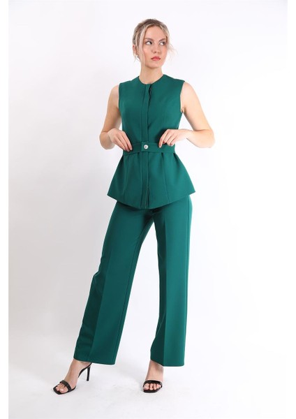 Kemerli Yelek & Bol Paça Pantolon Takım-Zümrüt