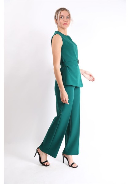 Kemerli Yelek & Bol Paça Pantolon Takım-Zümrüt fiyatları