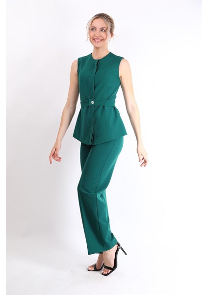 Kemerli Yelek & Bol Paça Pantolon Takım-Zümrüt modelleri