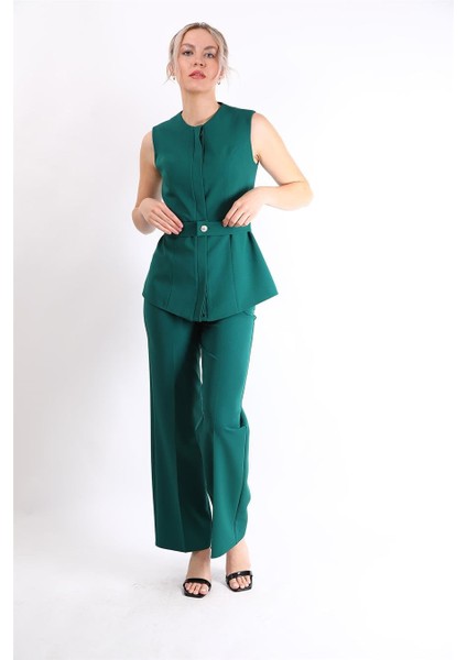 Kemerli Yelek & Bol Paça Pantolon Takım-Zümrüt fırsatları