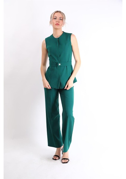 Kemerli Yelek & Bol Paça Pantolon Takım-Zümrüt