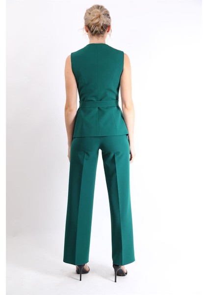 Kemerli Yelek & Bol Paça Pantolon Takım-Zümrüt