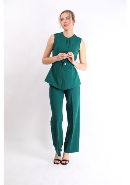 Kemerli Yelek & Bol Paça Pantolon Takım-Zümrüt