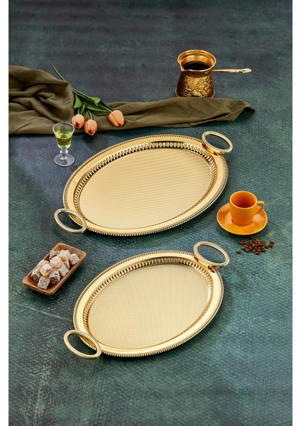 Oval Model Lüx Metal 2’li Sunum Tepsisi – Şık Kulplu Çay Tepsisi, Kahve ve Nişan Sunum Tepsisi Seti (37X28 cm ve 44X33 Cm)