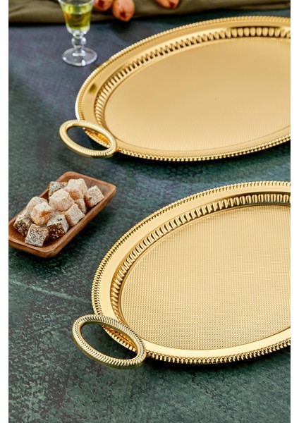 Oval Model Lüx Metal 2’li Sunum Tepsisi – Şık Kulplu Çay Tepsisi, Kahve ve Nişan Sunum Tepsisi Seti (37X28 cm ve 44X33 Cm) fiyatları