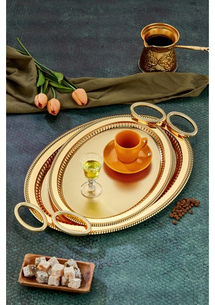 Oval Model Lüx Metal 2’li Sunum Tepsisi – Şık Kulplu Çay Tepsisi, Kahve ve Nişan Sunum Tepsisi Seti (37X28 cm ve 44X33 Cm) modelleri