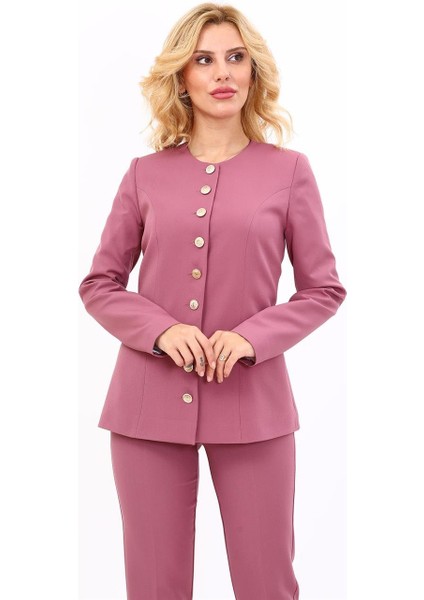 Sıfır Yaka Boydan Düğmeli Ceket-Rose