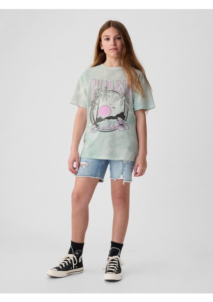 Kız Çocuk Yeşil Batik Desenli T-Shirt