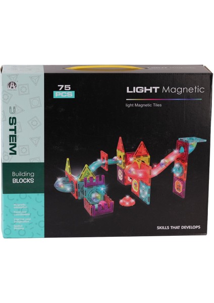 CH1172 Magnetic Tiles Light Version 75 Parça Kız Erkek Çocuk Oyuncak Eğitici Oyuncaklar