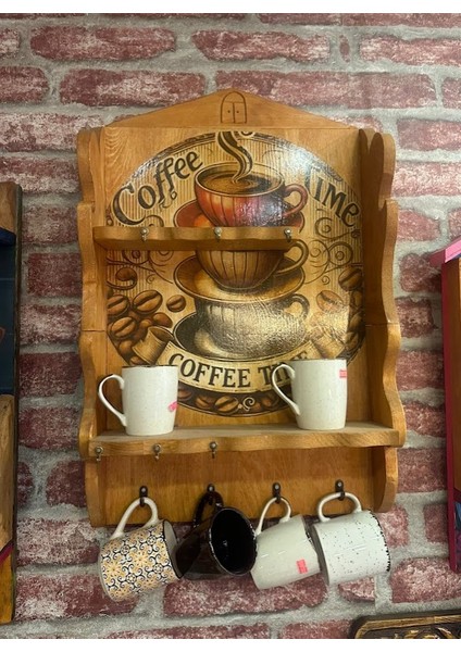 Coffee Tıme Bardak Askılığı Çam Ağacından El Oyması Ayrıntılı