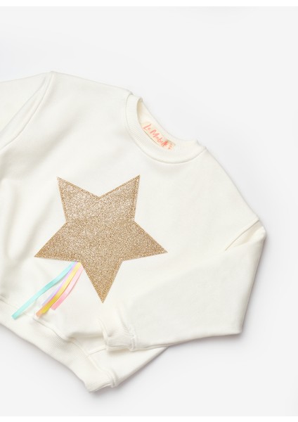 Beyaz Yıldız Nakışlı Kurdele Detaylı Kız Çocuk Sweatshirt