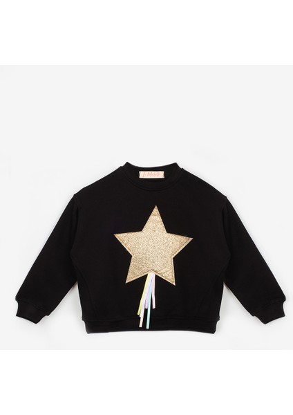Siyah Yıldız Nakışlı Kurdele Detaylı Kız Çocuk Sweatshirt