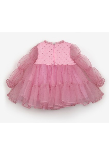 Gülkurusu Puantiyeli Gül Aksesuarlı Kız Çocuk Elbise - Belinda