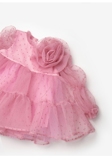 Gülkurusu Puantiyeli Gül Aksesuarlı Kız Çocuk Elbise - Belinda