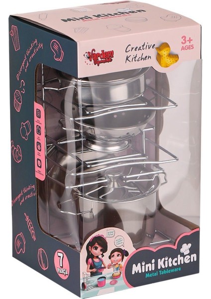 683E Çelik Tencere Tava Raflı 8 Parça Kız Erkek Çocuk Oyuncak Eğitici Oyuncaklar