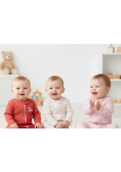 Unisex Kız Bebek %100 Pamuklu 9- 18 Ay Fermuarlı 3'lü Fiyonklu Desenli Manşetli Tulum Seti