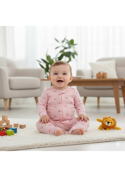 Unisex Kız Bebek %100 Pamuklu 9- 18 Ay Fermuarlı 3'lü Fiyonklu Desenli Manşetli Tulum Seti fiyatları