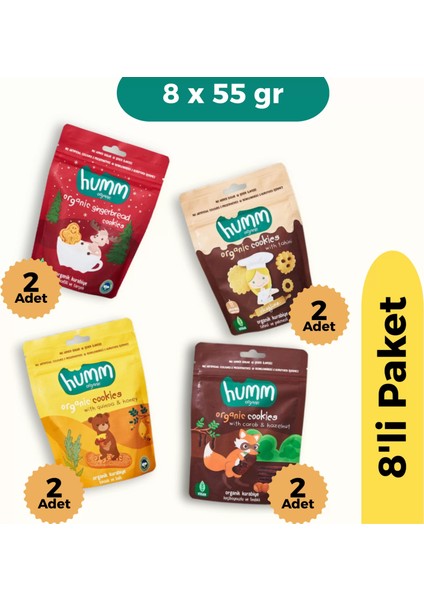 Buğz Humm Organik Kurabiye 8'li Set (Ballı ve Kinoalı & Keçiboynuzlu ve Fındıklı & Zencefilli ve Tarçınlı & Tahinli ve Pekmezli)