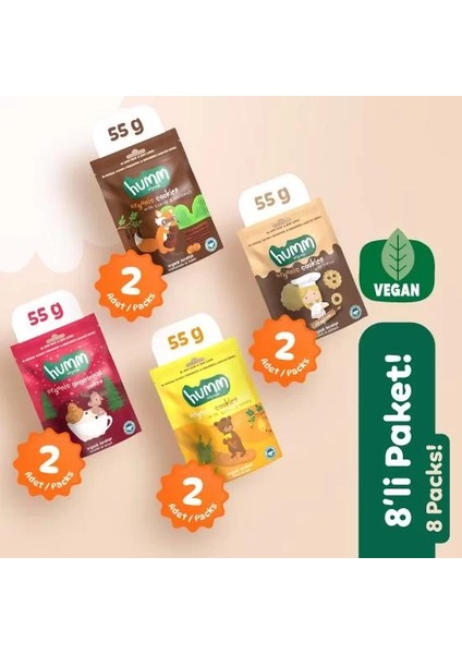 Buğz Humm Organik Kurabiye 8'li Set (Ballı ve Kinoalı & Keçiboynuzlu ve Fındıklı & Zencefilli ve Tarçınlı & Tahinli ve Pekmezli) fiyatları