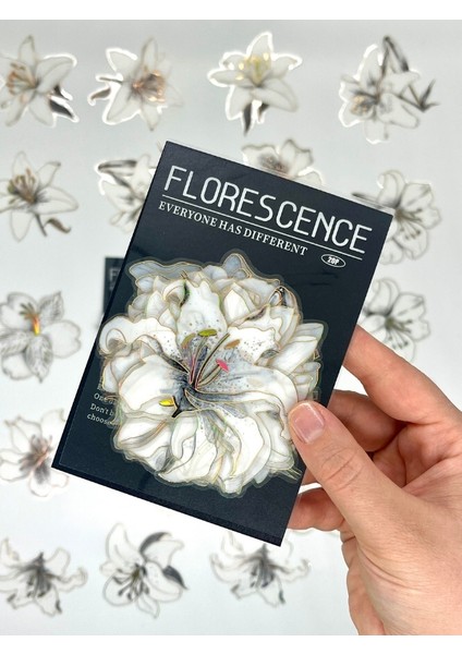 Florescence Altın Yaldızlı Siyah-Beyaz Özel Tasarım Zambak Çiçeği Sticker Seti/20 Adet/etiket/çıkartma