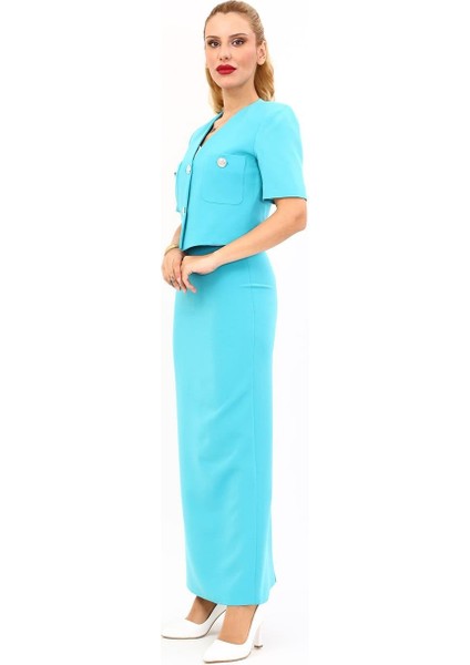 V Yaka Kısa Ceket & Uzun Düz Dar Etek-Turkuaz fiyatları