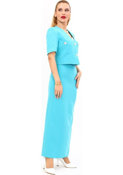 V Yaka Kısa Ceket & Uzun Düz Dar Etek-Turkuaz modelleri