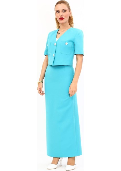 V Yaka Kısa Ceket & Uzun Düz Dar Etek-Turkuaz indirimleri