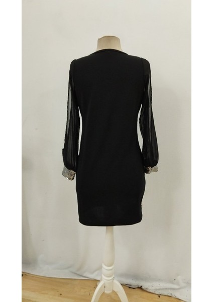 Kadın V Yaka Pulpayet Ithal Krep Mini Elbise