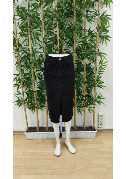 Kadın Önden Yırtmaçlı Yüksek Bel Cepli Midi Boy Kot Etek indirimleri