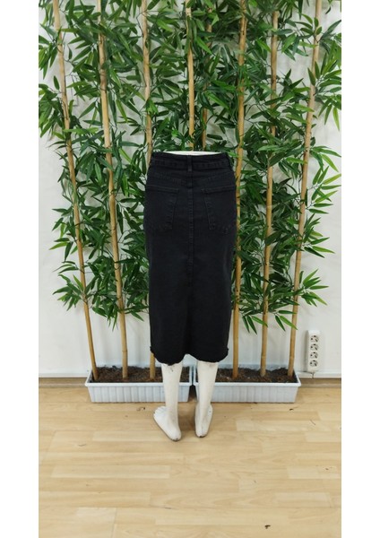 Kadın Önden Yırtmaçlı Yüksek Bel Cepli Midi Boy Kot Etek