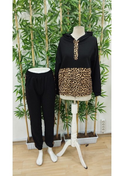 Rengastyle Kadın Leopar Desen Detaylı Kapşonlu Viskon Iki Iplik Ikili Takım indirimleri