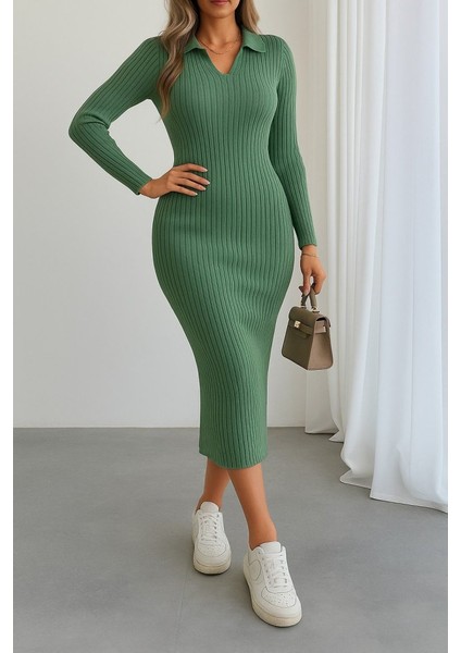 Rengastyle Kadın V Yaka Detay Triko Elbise