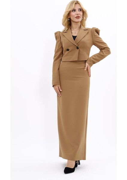 Gömlek Yaka Kısa Ceket & Uzun Düz Dar Etek-Camel