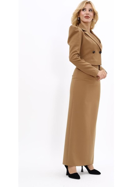 Gömlek Yaka Kısa Ceket & Uzun Düz Dar Etek-Camel fiyatları
