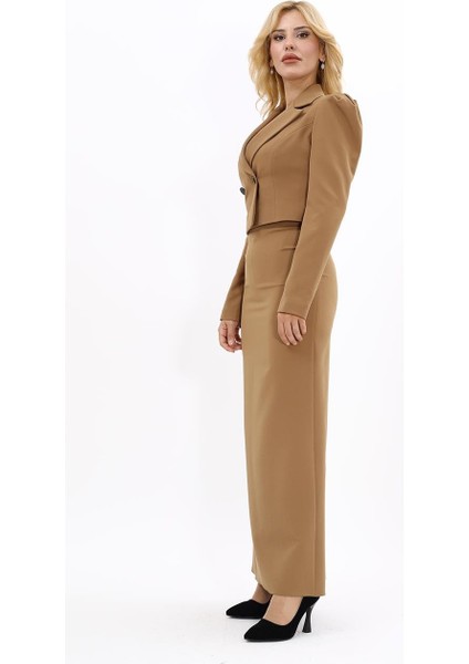 Gömlek Yaka Kısa Ceket & Uzun Düz Dar Etek-Camel modelleri