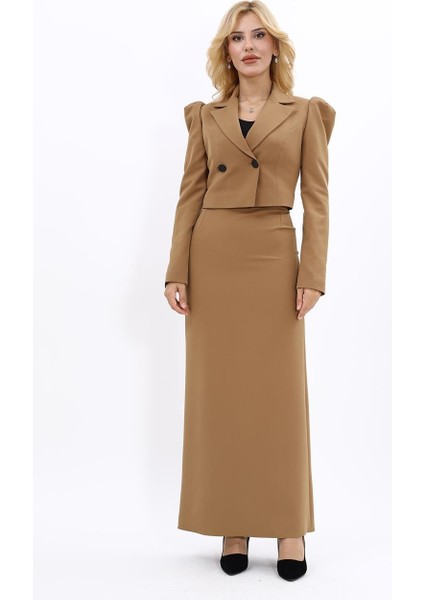 Gömlek Yaka Kısa Ceket & Uzun Düz Dar Etek-Camel indirimleri
