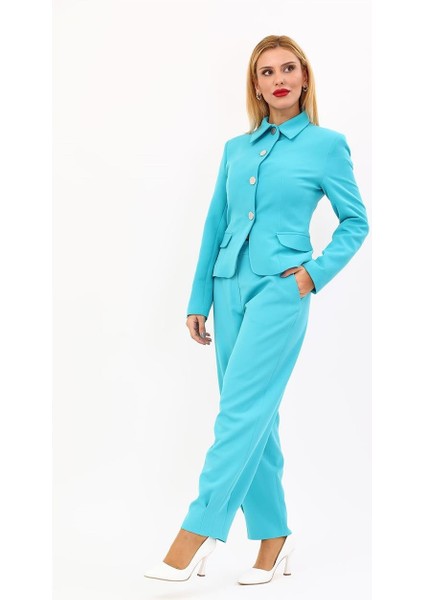 Gömlek Yaka Klasik Ceket & Paçası Pileli Pantolon-Turkuaz