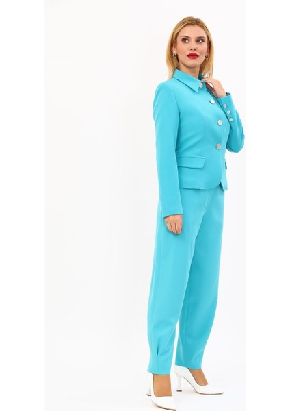 Gömlek Yaka Klasik Ceket & Paçası Pileli Pantolon-Turkuaz modelleri
