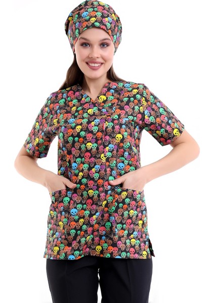 Zarf Yaka Desenli Üst - 9007 Kuru Kafa Renkli