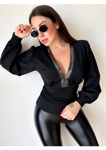 Rengastyle Kadın Taş Detay V Yaka Vatkalı Balon Kol Mikro Kumaş Bluz fiyatları